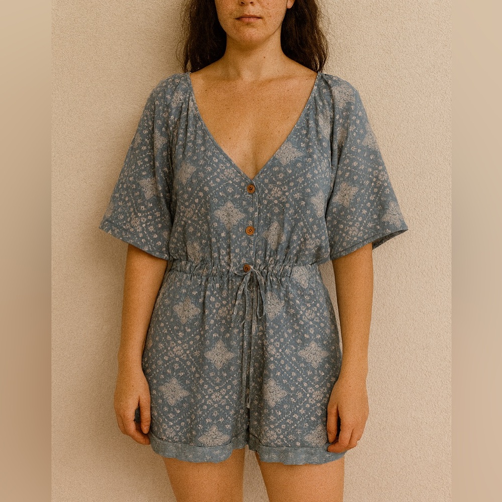 Blue Patterned Button-Down Romper